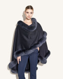 Fox-Fur-Trim Cashmere Cape, Navy