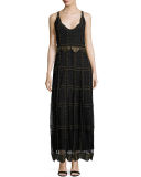 Sleeveless Studded Macramé & Chiffon Column Gown