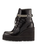 Leather Wedge Chain Ankle Boot, Black