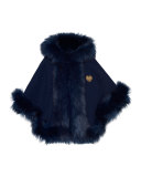 Hooded Faux-Fur-Trim Felt Cape, Navy, Size XL