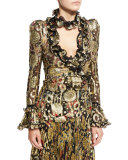 Metallic-Embroidered Long-Sleeve Blouse, Gold