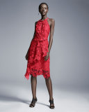 Jade Halter-Neck Blossom-Lace Dress, Crimson