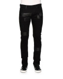 Slim-Fit Denim Jeans w/Faux-Leather Patches, Black