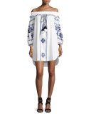 Natalie Off-the-Shoulder Embroidered Dress, White