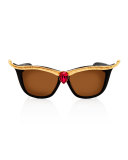Empress Embellished Square Sunglasses w/ Crystal Center, Black/Ruby