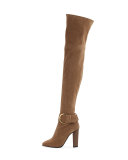 Stretch-Suede Buckle Over-the-Knee Boot, Caramel