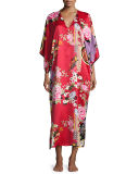 Mikado Floral-Print Lounge Caftan, Black/Russian Red, Plus Size