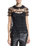 Short-Sleeve Ruffle-Lace Top, Black