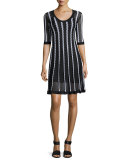 Half-Sleeve Scoop-Neck Striped Knit Dress, Black Pattern