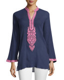 Shani Long-Sleeve Embroidered Tunic, Navy/Pink