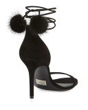 Rosemary Mink Fur-Pompom Sandal, Black
