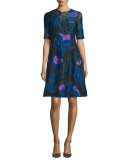 Holly Leaf Half-Sleeve Dress, Lapis/Multi