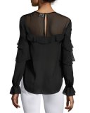 Voyager Silk Ruffle-Trim Blouse, Black