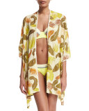 Rain-Kissed Leaves Open-Front Kimono Coverup, Multi Colors