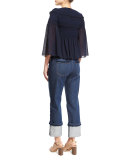 3/4-Sleeve Embroidered Peplum Top, Dark Navy