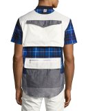 Geometric Patchwork Safari Shirt, Gray/Blue/White