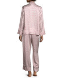 Fan-Print Satin Pajama Set, Pearl/Red