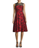 Sleeveless Floral Jacquard Fit-and-Flare Dress, Red