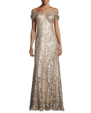 Off-the-Shoulder Embellished Lace Gown, Ginseng/Natural