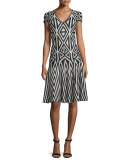 Geometric-Lines Knit V-Neck Dress, Caviar/Sahara