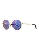 Round Mirrored Logo-Print Sunglasses, Light Gold/Blue