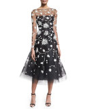 Embroidered Illusion Tulle Midi Dress, Black/White