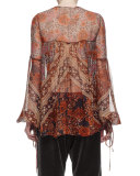 Button-Front Foulard-Print Blouse, Multi Colors