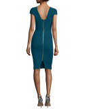 Cap-Sleeve V-Back Sheath Dress, Petrol Blue