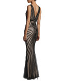 Linear-Beaded Sleeveless V-Neck Gown, Black