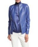 Lightweight Lambskin Paneled Zip-Front Jacket, Blue