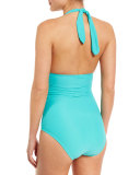 Halter-Neck Ruched Maillot One-Piece Swimsuit, Turquoise
