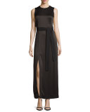 Sleeveless Jewel-Neck Satin Column Gown w/ Sash, Black