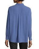 Long-Sleeve Button-Front Boxy Silk Blouse