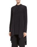 Long-Sleeve Button-Front Long Blouse, Black