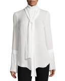Fine-Pleat Pussy-Bow Silk Blouse