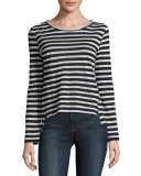 Pintuck Long-Sleeve Linen Tee, Blanc & Noir