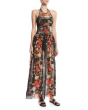 Floral Tulle Double-Slit Coverup Maxi Skirt, Black