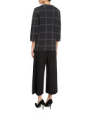 Windowpane-Check Funnel-Neck 3/4-Sleeve Sweater, Charcoal/Ash