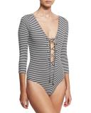 Striped Lace-Up Plunging V-Neck Thong Bodysuit, Black/White