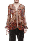 Button-Front Foulard-Print Blouse, Multi Colors