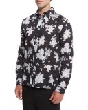 Floral-Print Sport Shirt, Greyscale