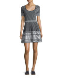 Short-Sleeve Knit Fit & Flare Dress, Black/White