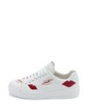 Lip-Appliqué Lace-Up Low-Top Sneaker, White