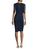 Lattice-Sleeve V-Neck Sheath Dress, Navy