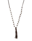 Long Beaded Tassel Pendant Necklace, Brown/White