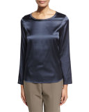 Beaded Jewel-Neck Silk-Blend Top, Navy