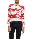 Cashmere Pixel-Print Short Cardigan, White/Red