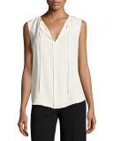 Alamay Classic Georgette Sleeveless Split-Neck Top, White