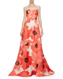 Strapless Oversized Floral-Print Gown, Red/Multi