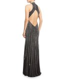 Sleeveless Open-Back Rhinestone Gown, Black